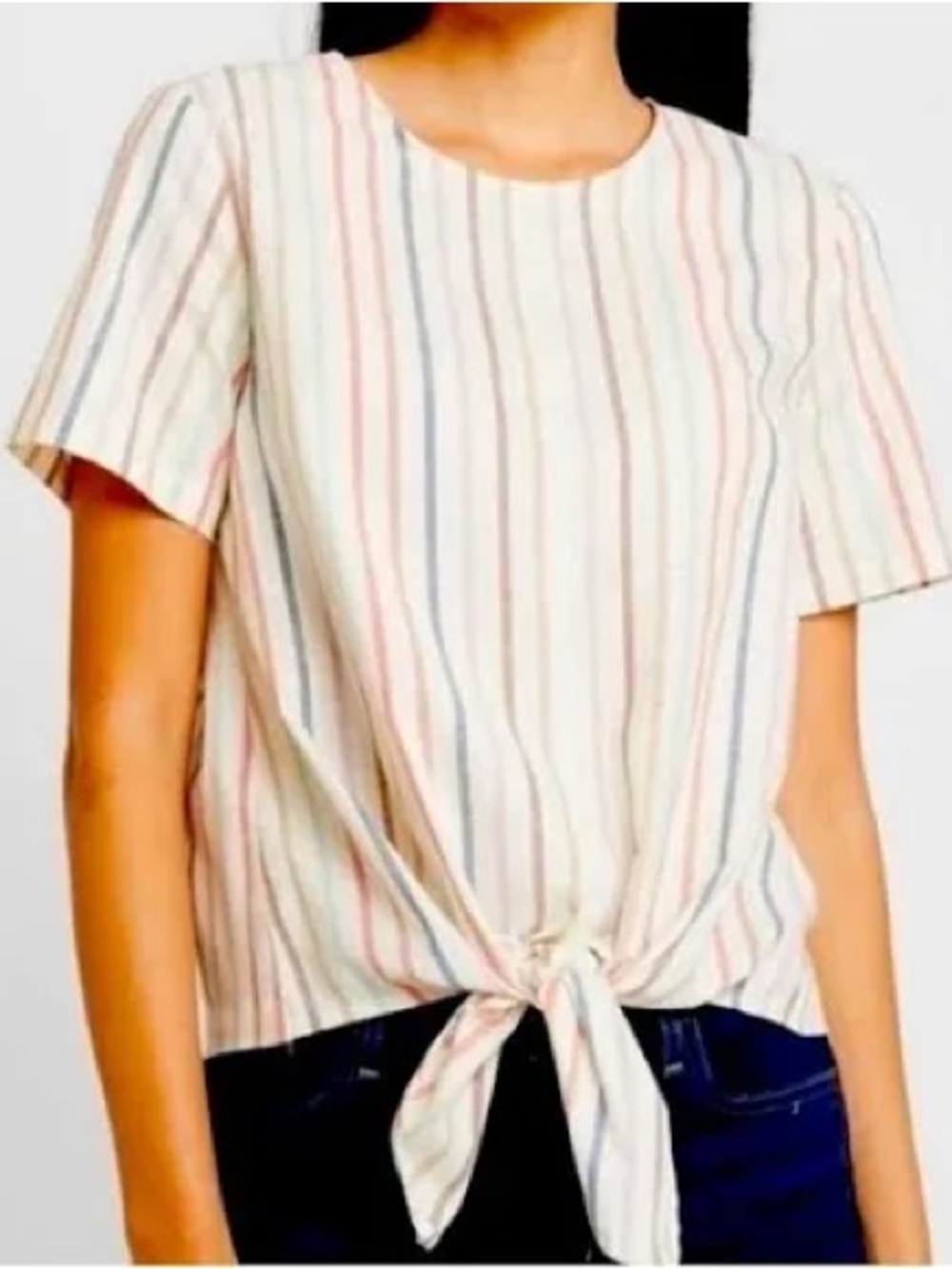 Madewell Cream Multicolor Vertical-Stripe Tie-Front Blouse